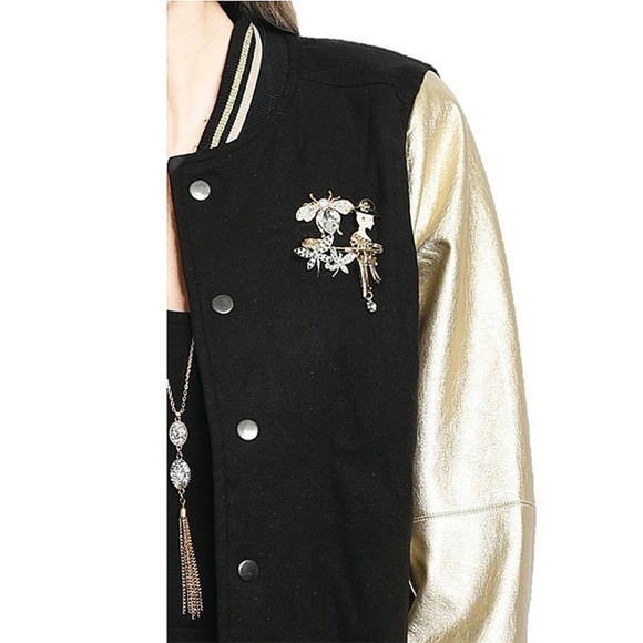 Black Gold Crystal Pin Bomber Varsity Jacket Coat - Picture 5 of 8